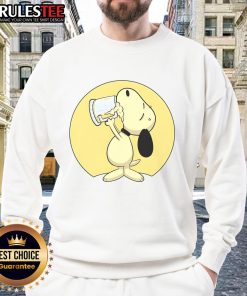 Alt Text: Cute Snoopy drinking beer on a cozy sweatshirt, perfect for casual wear and Peanuts fans.