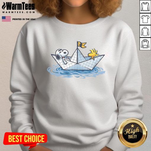 Alt Text: Cute Snoopy paper boat journey sweatshirt featuring a playful Snoopy graphic, perfect for cozy casual wear.