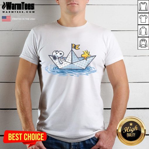 Alt Text: Cute Snoopy Paper Boat Journey T-Shirt featuring Snoopy sailing a colorful paper boat, perfect for dog lovers.