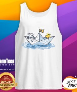 Alt Text: Cute Snoopy sailing in a paper boat on a tank top, perfect for casual and fun summer outfits.