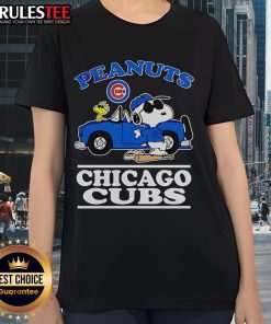 Alt Text: Cute Snoopy Peanuts X Chicago Cubs 2025 Ladies Tee, perfect for fans of baseball and classic cartoon characters.