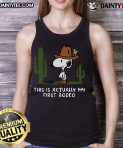 Alt Text: Cute Snoopy tank top with This Is Actually My First Rodeo design, perfect for casual summer wear or rodeo events.