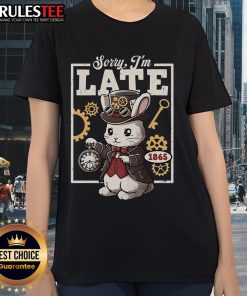 Cute steampunk white rabbit ladies tee featuring intricate gears and whimsical design for a stylish look.