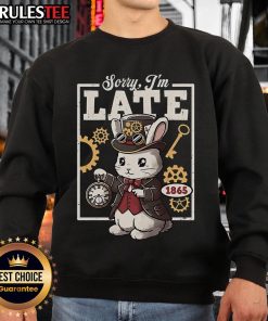 Adorable steampunk white rabbit sweatshirt featuring whimsical design and vintage-inspired details, perfect for unique fashion lovers.