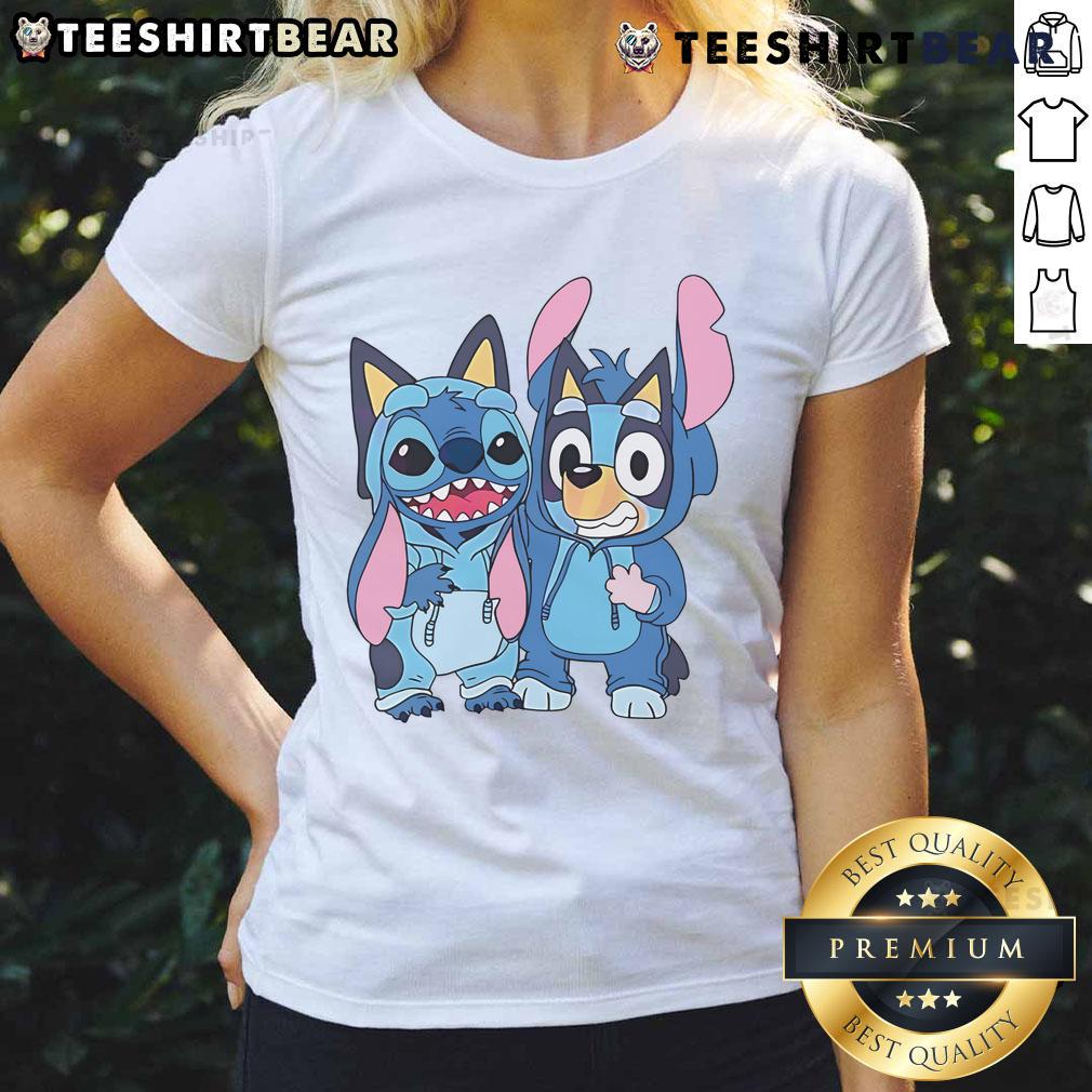Cute Stitch And Bluey Bluey Costume Ladies Tee Alt Text: Cute Stitch and Bluey costume ladies tee featuring vibrant designs perfect for fans of Bluey and fun casual wear.
