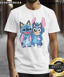 Cute Stitch and Bluey costume t-shirt featuring vibrant designs, perfect for kids' parties and playful outings.