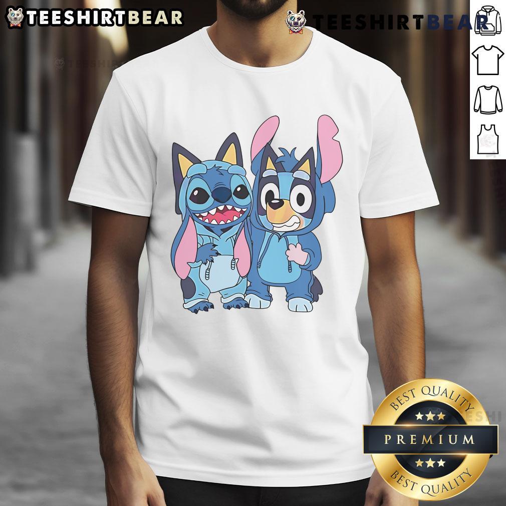 Cute Stitch And Bluey Bluey Costume T Shirt Cute Stitch and Bluey costume t-shirt featuring vibrant designs, perfect for kids' parties and playful outings.