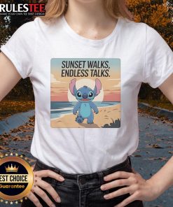 Cute Stitch at the beach during sunset, enjoying endless talks in a stylish ladies tee.