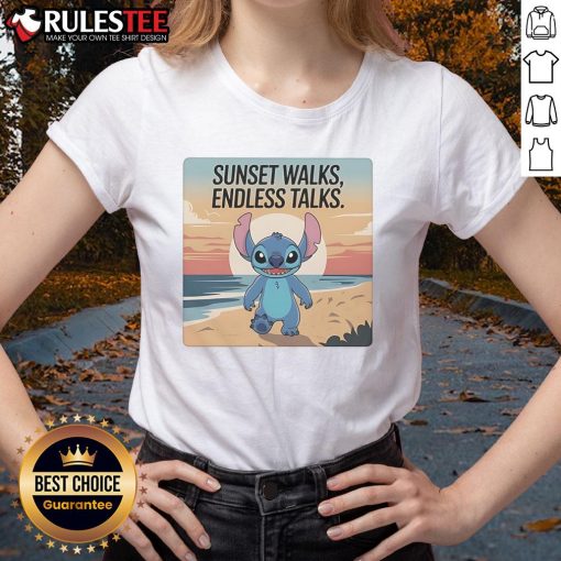 Cute Stitch at the beach during sunset, enjoying endless talks in a stylish ladies tee.
