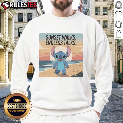 Alt Text: Cute Stitch sweatshirt featuring a beach sunset, perfect for cozy walks and endless talks.