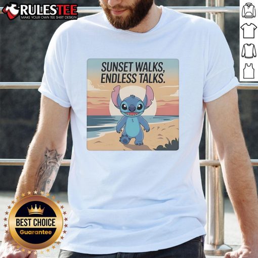 Alt Text: Cute Stitch t-shirt featuring beach sunset design, perfect for endless talks and walks by the shore.