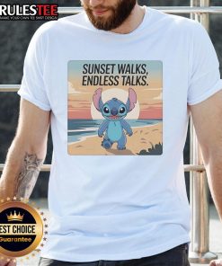 Alt Text: Cute Stitch t-shirt featuring beach sunset design, perfect for endless talks and walks by the shore.