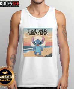 Cute Stitch in a beach sunset wearing 'Endless Talks' tank top, enjoying a serene walk by the ocean. Perfect summer vibe!