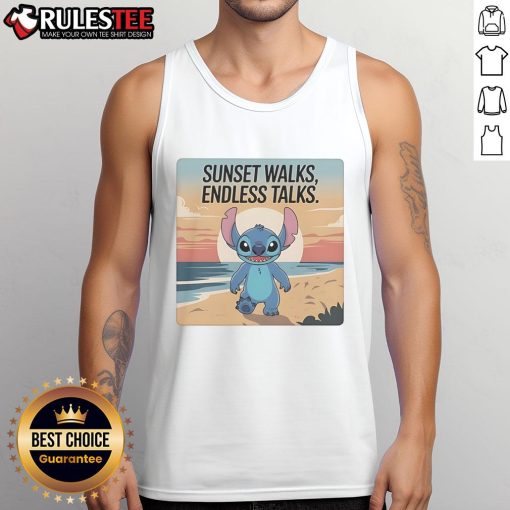 Cute Stitch in a beach sunset wearing 'Endless Talks' tank top, enjoying a serene walk by the ocean. Perfect summer vibe!
