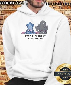 Alt Text: Cute Stitch and Toothless design on a 'Stay Different, Stay Weird' hoodie, perfect for unique style lovers.