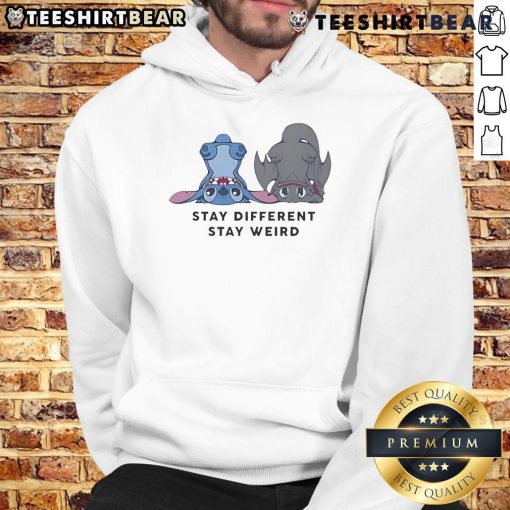 Alt Text: Cute Stitch and Toothless design on a 'Stay Different, Stay Weird' hoodie, perfect for unique style lovers.