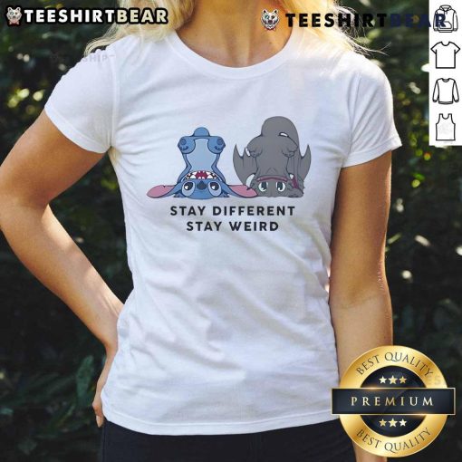 Alt Text: Cute Stitch and Toothless graphic on a 'Stay Different, Stay Weird' ladies tee, perfect for unique style lovers.