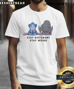 Alt Text: Cute Stitch Toothless Stay Different Stay Weird T-Shirt featuring a whimsical design and vibrant colors for fans.
