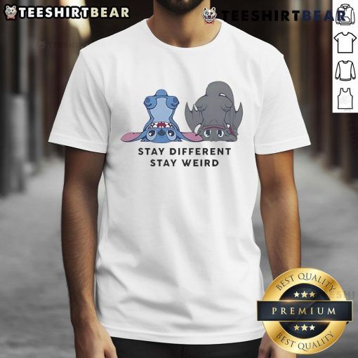 Alt Text: Cute Stitch Toothless Stay Different Stay Weird T-Shirt featuring a whimsical design and vibrant colors for fans.