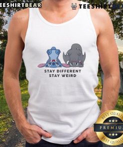 Cute Stitch and Toothless graphic on a 'Stay Different Stay Weird' tank top for unique style lovers.