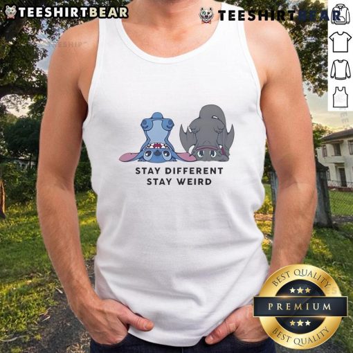 Cute Stitch and Toothless graphic on a 'Stay Different Stay Weird' tank top for unique style lovers.