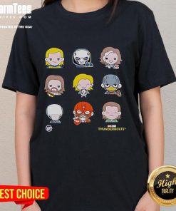 Alt Text: Cute thunderbolts emoji characters on a stylish ladies tee, perfect for fun and trendy casual wear.