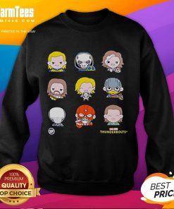Alt Text: Cute Thunderbolts emoji characters printed on a cozy sweatshirt for fun and stylish casual wear.