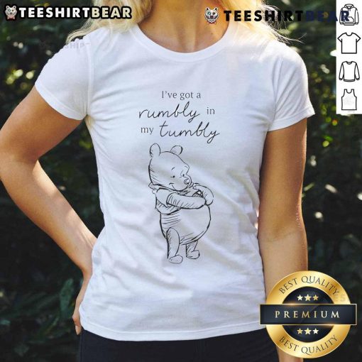 Cute Winnie the Pooh 'I've Got a Rumbly in My Tumbly' ladies tee featuring a playful design perfect for fans.