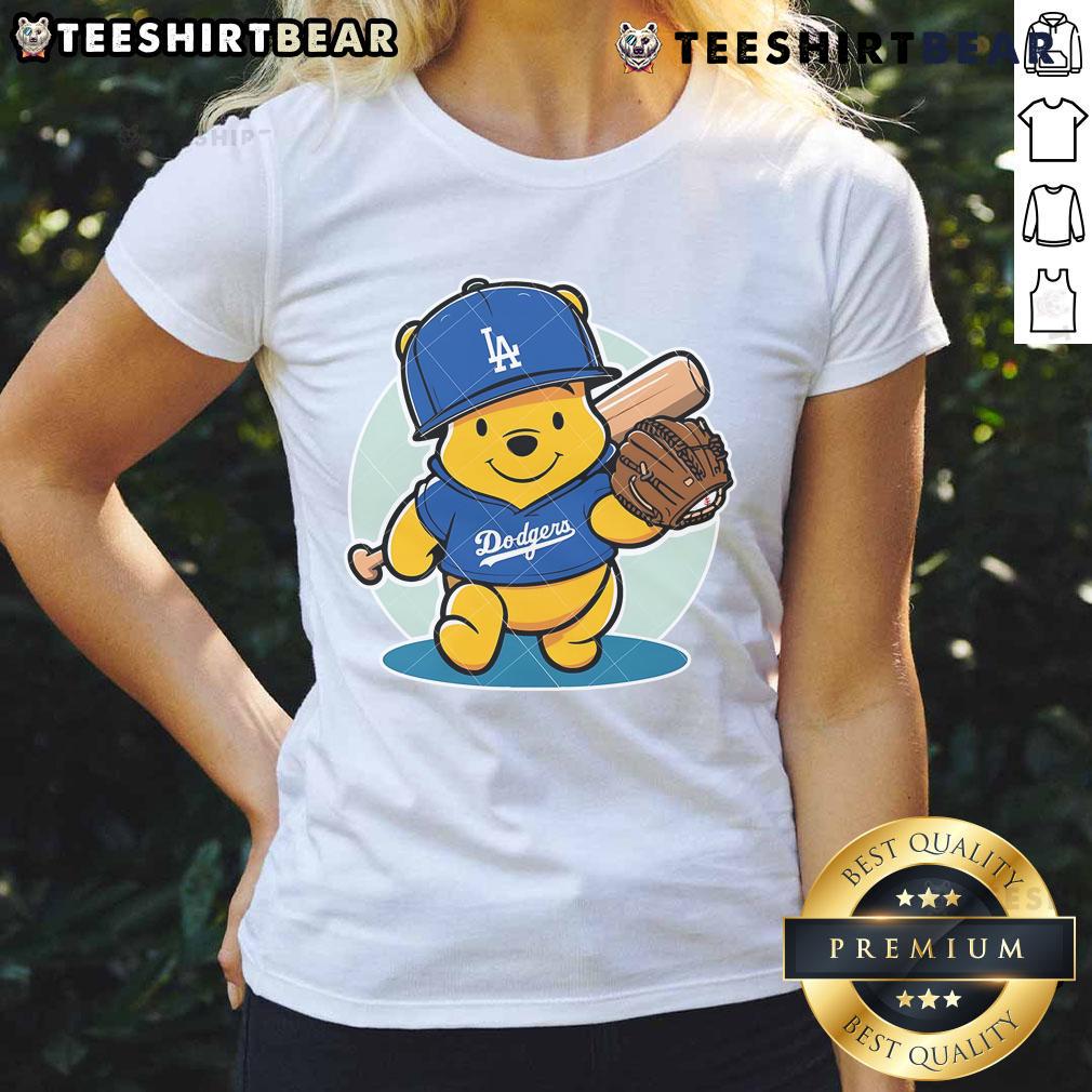 Cute Winnie The Pooh La Dodgers Pooh Dodgers Baseball Ladies Tee Cute Winnie the Pooh LA Dodgers baseball ladies tee featuring playful design and team colors for fans.
