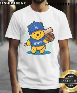 Alt Text: Cute Winnie The Pooh Dodgers baseball t-shirt featuring Pooh in LA Dodgers gear, perfect for fans and collectors.