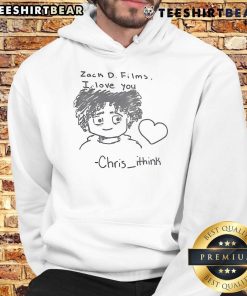 Cute Zack D Films I Love You Chris Ithink Hoodie worn by a smiling person, showcasing a trendy design and vibrant colors.