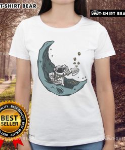 Funny astronaut mining coins on the moon graphic for ladies' tee, perfect for space lovers and humor enthusiasts.