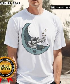 Funny astronaut moon mining coins t-shirt design featuring a playful space miner in a whimsical space setting.
