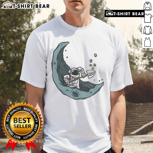 Funny astronaut moon mining coins t-shirt design featuring a playful space miner in a whimsical space setting.