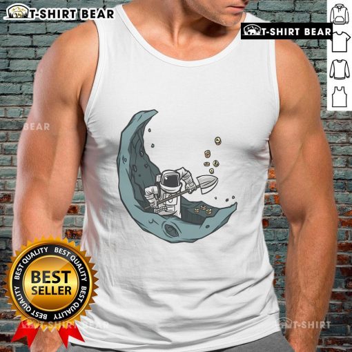 Funny astronaut in a tank top mining for space coins on the moon, showcasing humor and creativity in space-themed apparel.
