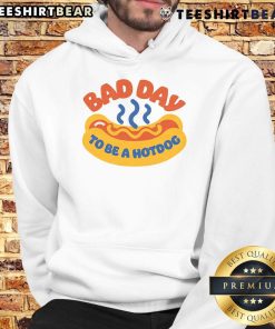 Funny Bad Day to Be a Hot Dog hoodie design featuring a cartoon hot dog with a humorous expression and vibrant colors.