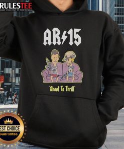 Funny Beavis and Butthead AR-15 Shoot to Thrill hoodie design featuring iconic characters on a cozy sofa.