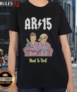 Funny Beavis and Butthead AR-15 Shoot to Thrill Sofa Ladies Tee featuring iconic characters in a humorous design.