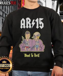 Funny Beavis and Butthead AR-15 Shoot to Thrill sweatshirt design featuring the iconic characters on a cozy sofa.