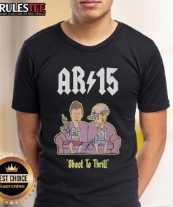 Funny Beavis and Butthead AR 15 Shoot to Thrill Sofa T-Shirt featuring iconic cartoon characters in a humorous design.