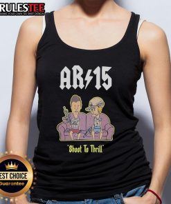 Funny Beavis and Butthead AR-15 Shoot to Thrill tank top design featuring iconic characters on a stylish sofa.