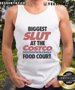 Funny tank top reading 'Biggest Slut at the Costco Wholesale Food Court' worn by a woman in a lively food court setting.