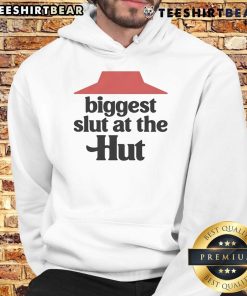 Funny Biggest Slut at the Hut hoodie design featuring bold text and vibrant colors, perfect for humorous fashion.