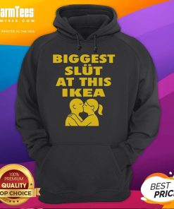 Funny hoodie saying 'Biggest Slut at This Furniture Store' displayed in a trendy retail environment, perfect for humor lovers.