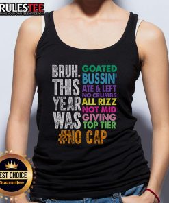 Funny 'Bruh This Year Was Goated No Cap' last day of school tank top design featuring vibrant colors and playful graphics.