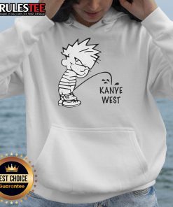 Funny Calvin peeing on Kanye West hoodie design, showcasing humorous streetwear style and pop culture satire.