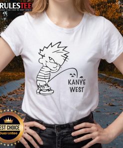 Funny Calvin peeing on Kanye West graphic on a ladies tee, perfect for humor and pop culture fans.