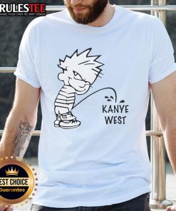 Funny Calvin peeing on Kanye West T-shirt design, showcasing humor and pop culture in a playful graphic tee.