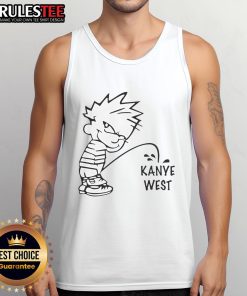 Funny Calvin peeing on Kanye West graphic tank top, perfect for humor lovers and pop culture enthusiasts.
