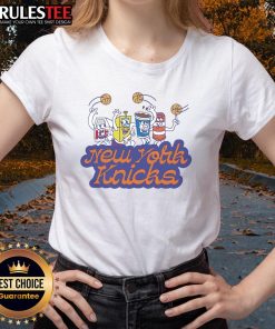 Funny cereal box dude graphic on a New York Knicks ladies tee, perfect for fans who love quirky sports apparel.